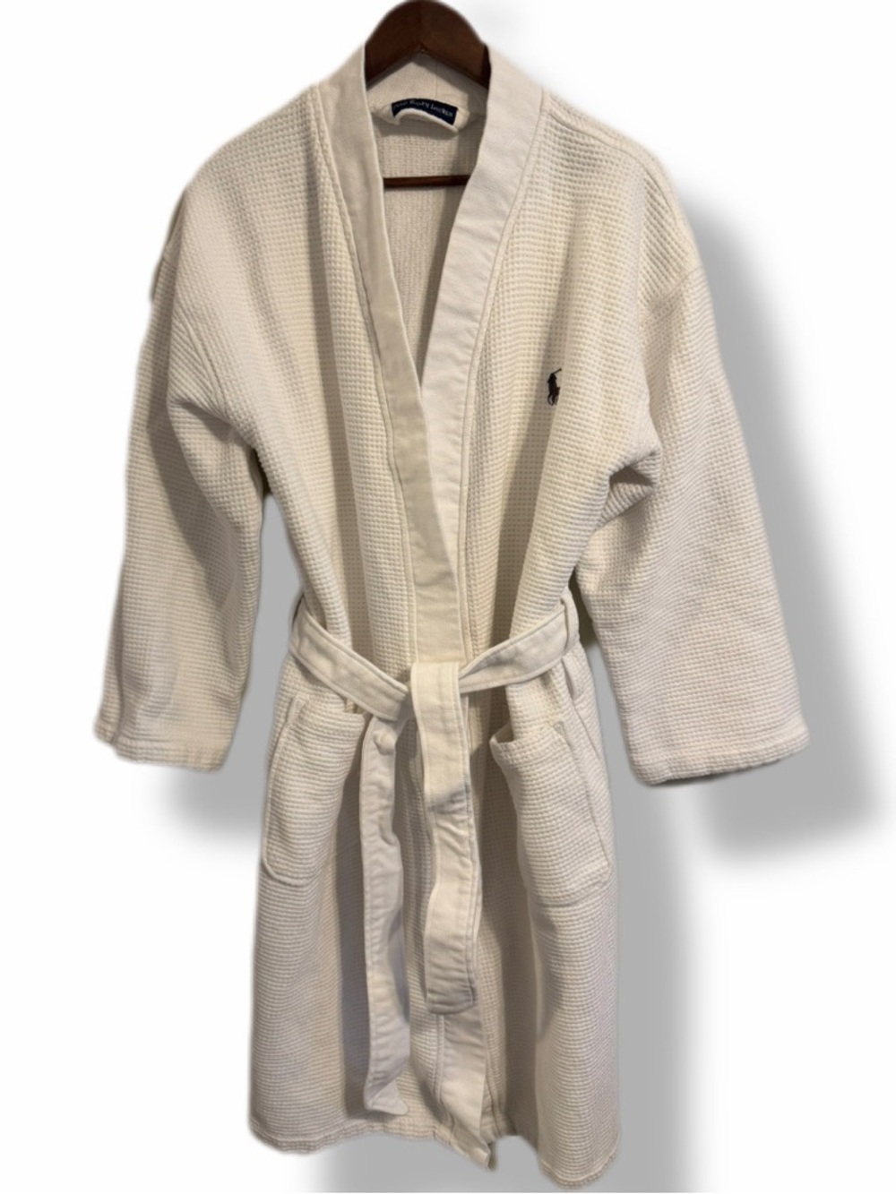 Polo Ralph Lauren Waffle Knit Robe White Cotton Belted Spa Bathrobe S/M Mens